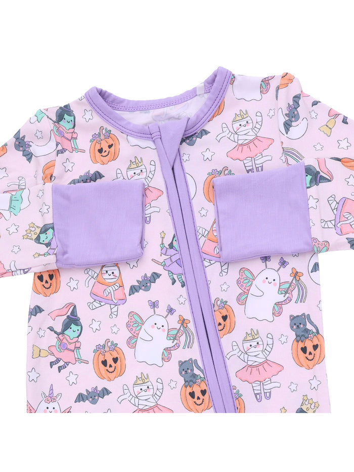 Lavender pajama featuring whimsical Halloween characters like ghosts, princesses, and pumpkins. Perfect for cozy nights.
