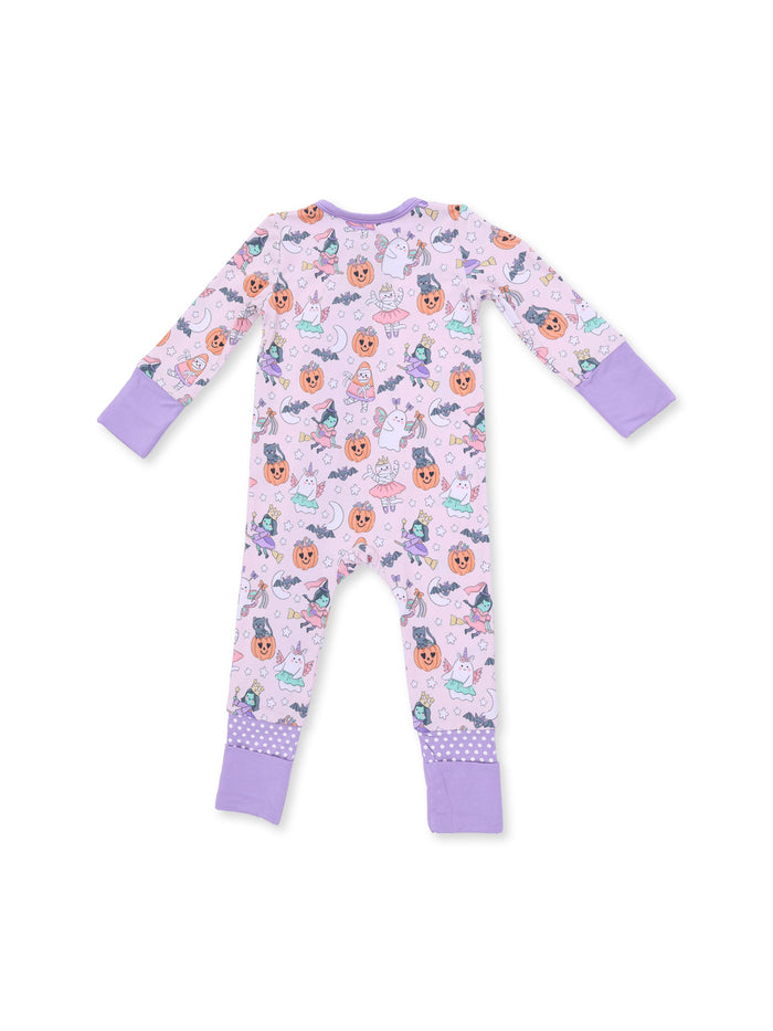 Purple pajama onesie with playful Halloween-themed prints of ghosts, pumpkins, and witches.