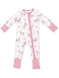 Unicorn-patterned baby pajama with pink accents and a front zipper. Ideal for comfy nighttime wear.