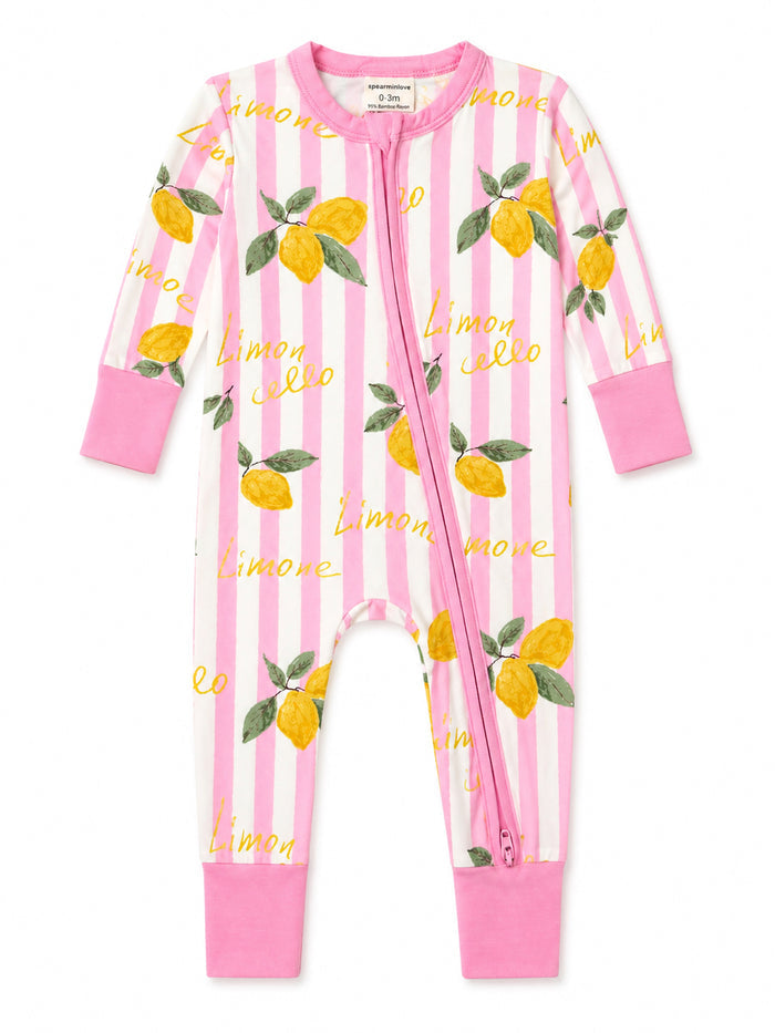 Pink striped baby onesie with lemon patterns and a front zipper, designed for ages 0-3 months.