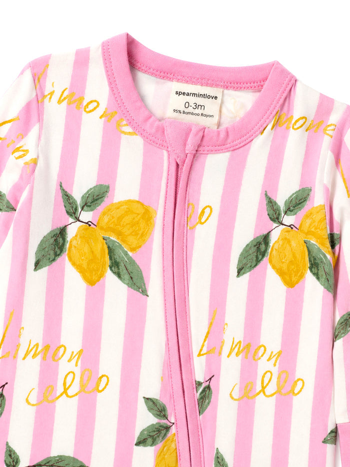 Pink-striped baby romper with yellow lemons and green leaves, featuring a zip closure. Suitable for 0-3 months.