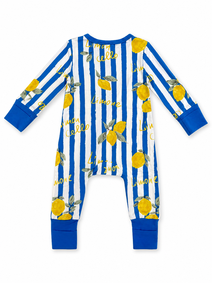 Blue striped onesie with lemon prints and "Limone" text. Ideal for kids' playful, vibrant style.