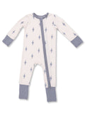 Light-colored infant onesie with lightning bolt patterns and contrasting gray sleeves, featuring a front zipper.