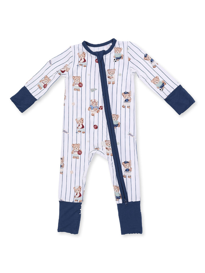Children's striped onesie featuring cute bear illustrations engaged in sports activities, with a front zipper closure.
