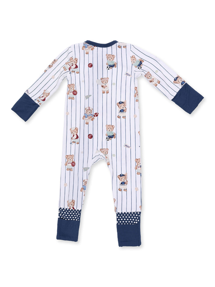 Children's pajamas with bear prints, stripes, and navy blue accents, designed for comfort and play.