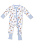 Baby onesie with blue accents and playful animal prints, featuring bears and nature-themed graphics.