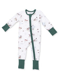White onesie with green accents, featuring a whimsical animal print of dogs and birds, zippered front design.