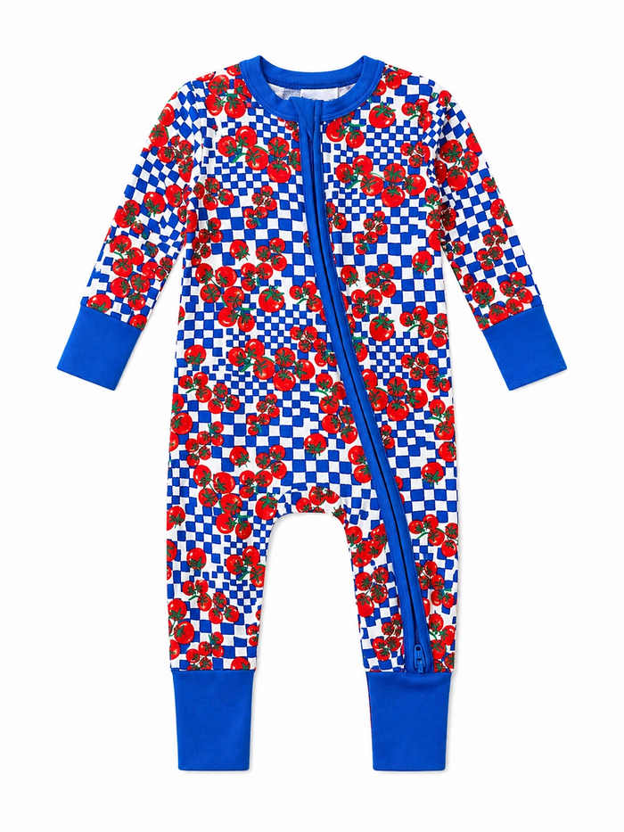 Blue and white checkered romper with red tomato print, featuring a front zipper and long sleeves.