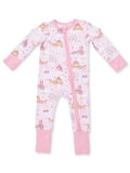 Pink infant onesie with fairy tale designs, featuring castles, unicorns, and hot air balloons.