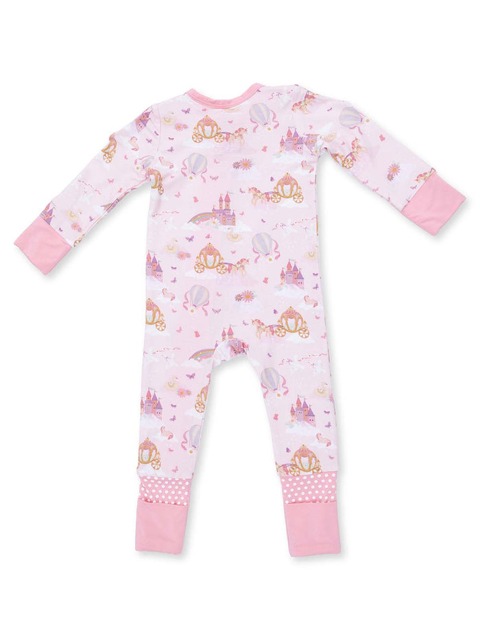 Pink children’s pajama featuring whimsical patterns of castles, unicorns, and hot air balloons.