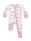 Child's rodeo-themed one-piece pajama with pink accents and playful graphics. Ideal for cozy sleepwear.