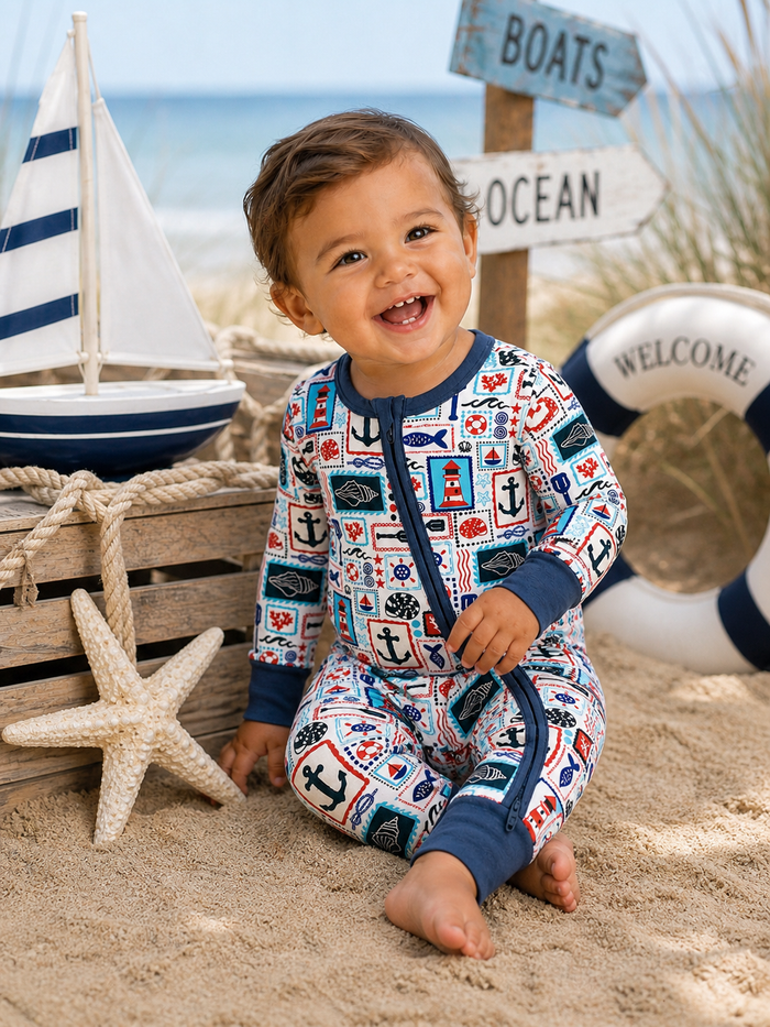 Smiling toddler in nautical-themed pajamas sitting on sand, surrounded by beach decor and a small boat.