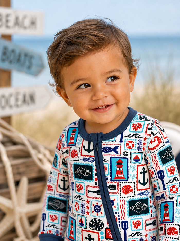 Smiling toddler in a nautical-themed outfit, with beach and boat signs in the background.