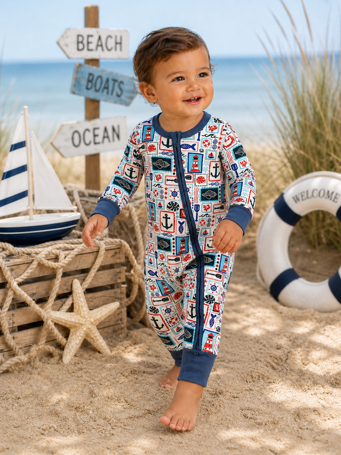 Smiling toddler in colorful nautical pajamas, walking on sandy beach with ocean backdrop and beach signs.