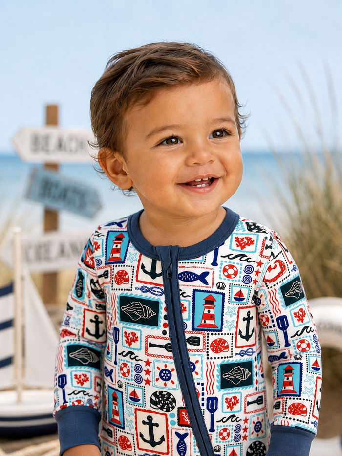 Smiling toddler in a colorful nautical-themed onesie, with beach and boat decor in the background.