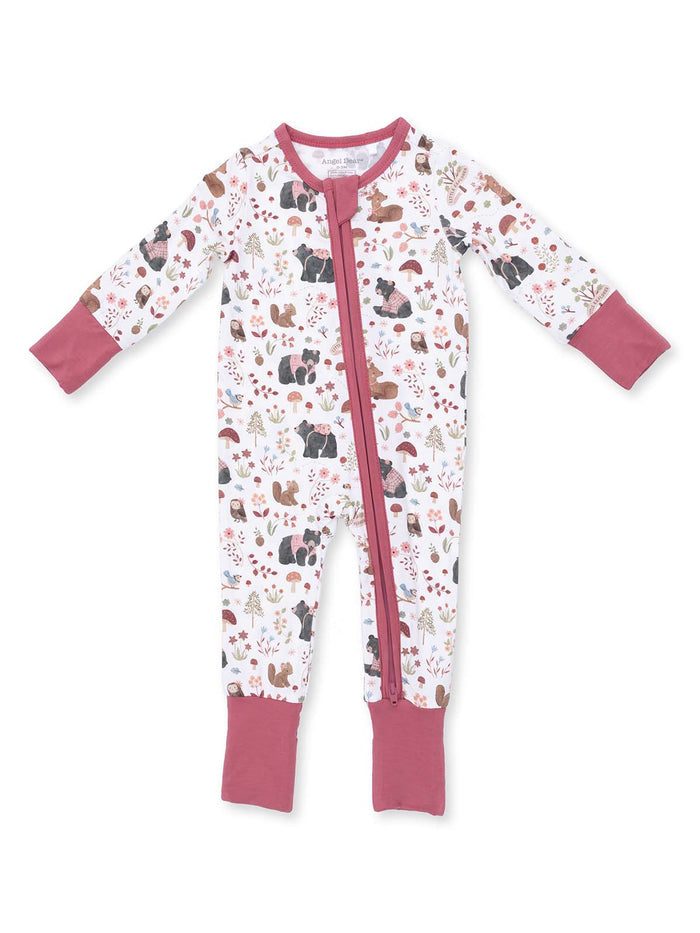 Infant pajama outfit featuring playful animal and nature patterns with a zip closure in soft colors.