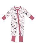 Infant pajama outfit featuring playful animal and nature patterns with a zip closure in soft colors.