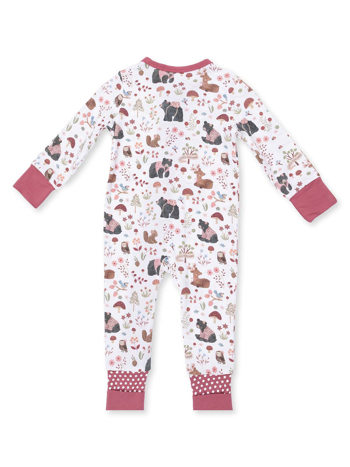 Children’s pajama onesie featuring a whimsical animal print design with floral accents.