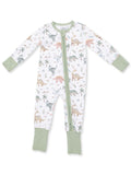 Dinosaur print toddler pajama onesie with long sleeves and green accents.