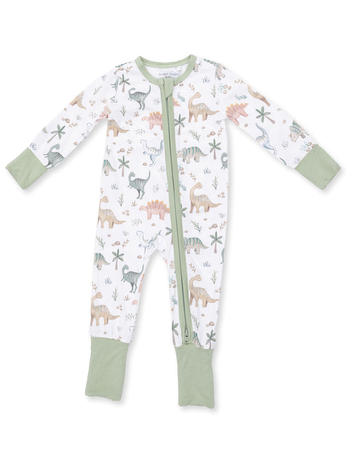 Dinosaur print toddler pajama onesie with long sleeves and green accents.