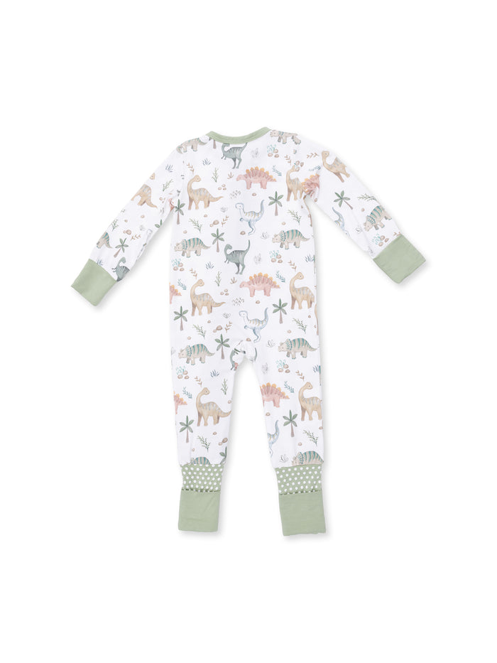 Back view of a long-sleeve dinosaur print pajama onesie with green accents. Perfect for kids who love dinosaurs.