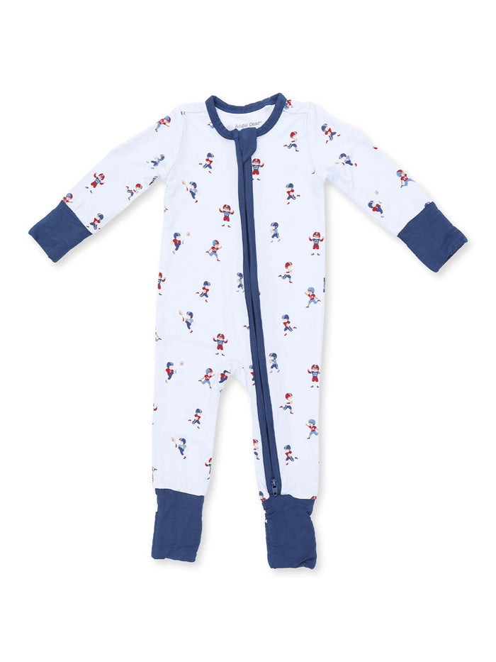 White children's onesie featuring various playful sports characters, long sleeves, and a zipper front.