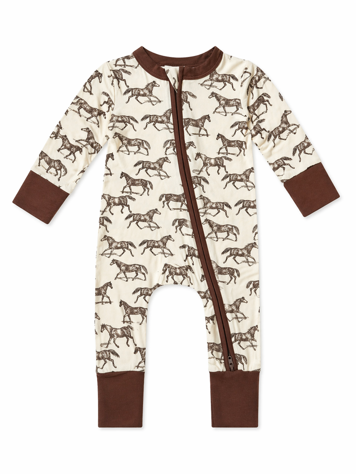 Brown horse-print onesie with long sleeves and a zipper running down the front.