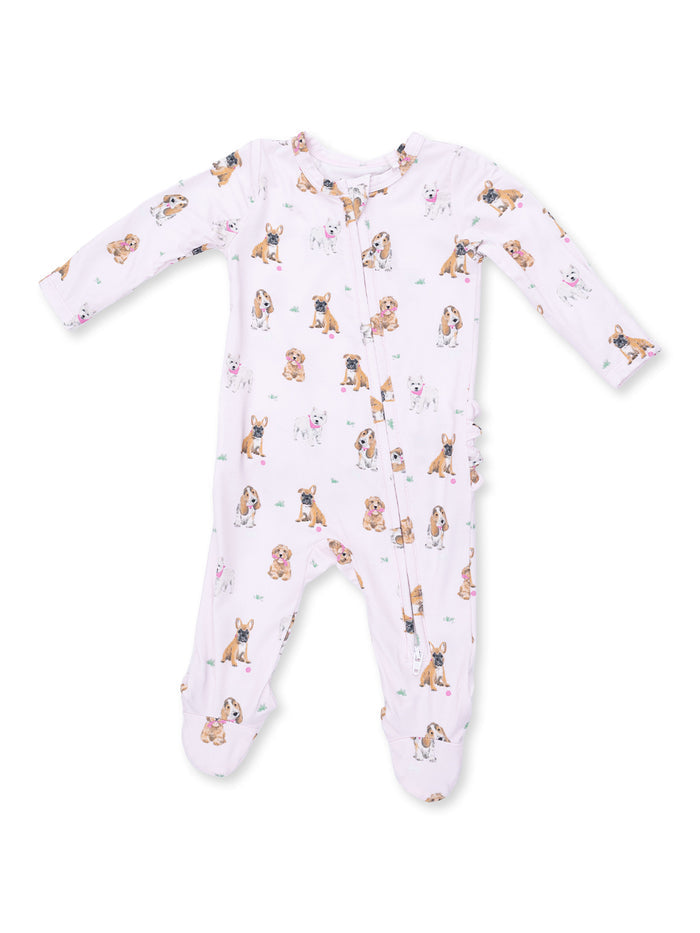 White onesie with playful dog prints in various colors and poses, designed for infants and toddlers.