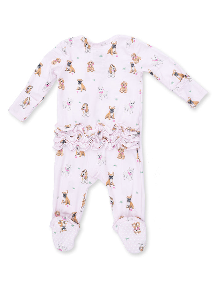 Pink baby onesie with dog prints and ruffled trim, featuring footed design for warmth and comfort.