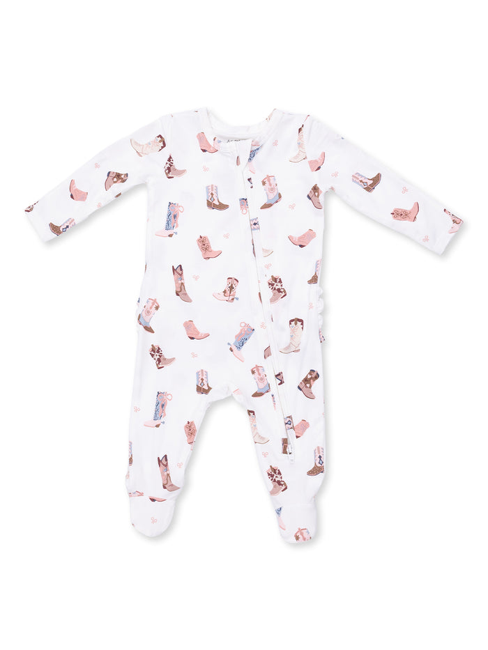 White baby onesie with various colorful cowboy boots printed on it. Ideal for cute and cozy outfits.