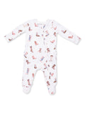 White baby onesie with various colorful cowboy boots printed on it. Ideal for cute and cozy outfits.