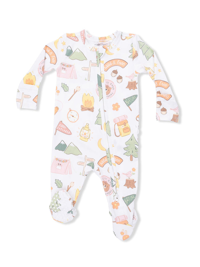 White baby onesie with camping-themed illustrations and a zipper closure. Suitable for outdoor adventures.