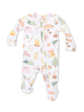 White baby onesie with camping-themed illustrations and a zipper closure. Suitable for outdoor adventures.