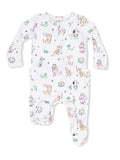 Children's white onesie with colorful dog and playful patterns, featuring golf, ice cream, and balloons.