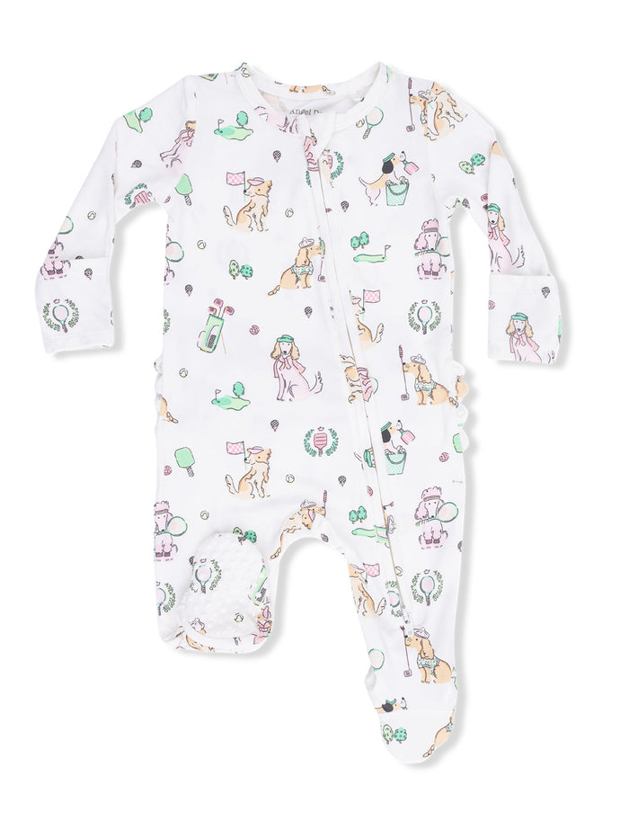 Children's white onesie with colorful dog and playful patterns, featuring golf, ice cream, and balloons.