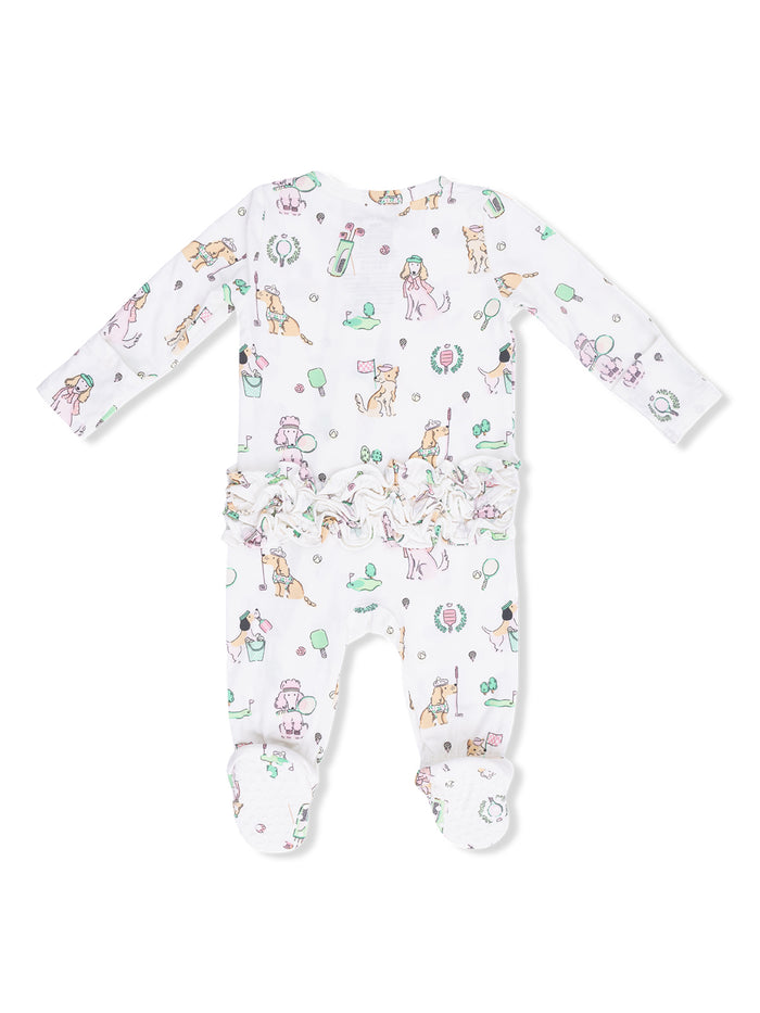 Baby onesie with playful dog illustrations and ruffled waist, featuring pastel colors on a white background.