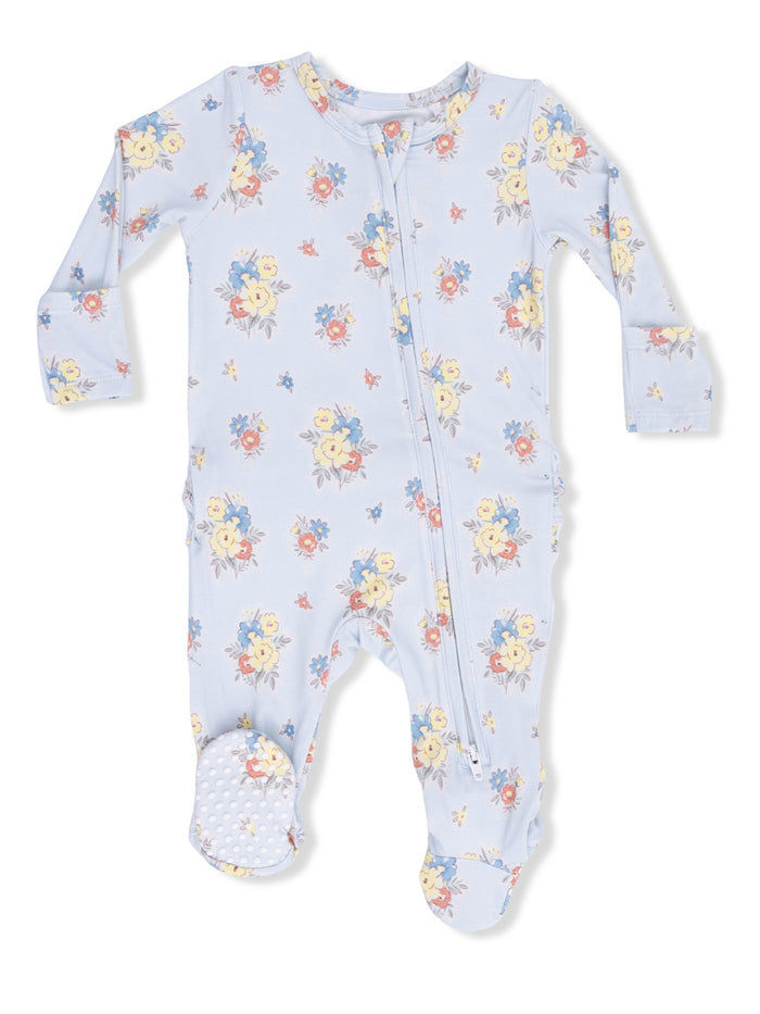 Light blue floral baby onesie with long sleeves and a front zipper. Ideal for comfort and style.