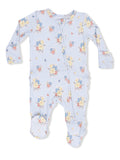 Light blue floral baby onesie with long sleeves and a front zipper. Ideal for comfort and style.