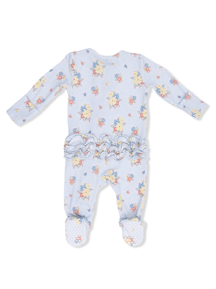 Light blue floral baby romper with long sleeves, ruffled waist, and textured soles for enhanced grip.