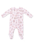 Pink infant onesie featuring a playful print of boots, hats, and cacti. Perfect for stylish comfort.