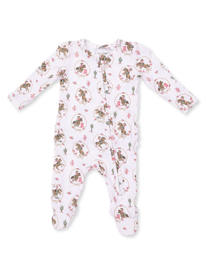 White baby onesie with abstract cowboy and cactus patterns, featuring long sleeves and footed design.