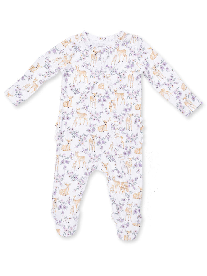 White baby pajama with deer and floral patterns, featuring long sleeves and footed design.