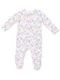 White baby pajama with deer and floral patterns, featuring long sleeves and footed design.