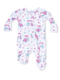 White baby onesie featuring colorful golf-themed illustrations and floral patterns. Perfect for playful outfits.