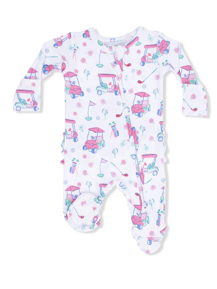 White baby onesie featuring colorful golf-themed illustrations and floral patterns. Perfect for playful outfits.