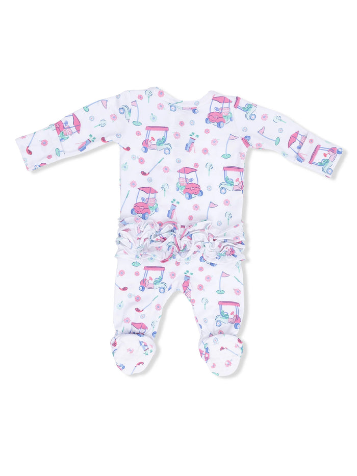 White baby onesie with colorful golf cart patterns and ruffled bottom, ideal for playful infants.