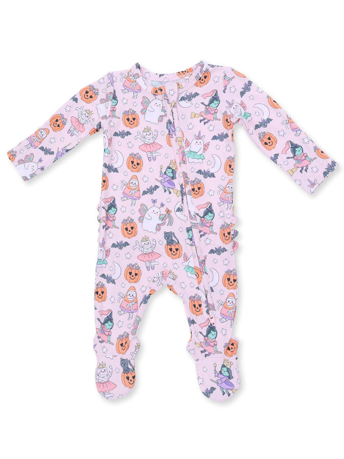 Pink baby onesie adorned with colorful Halloween-themed patterns, featuring ghosts, pumpkins, and whimsical characters.