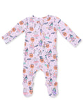Pink baby onesie adorned with colorful Halloween-themed patterns, featuring ghosts, pumpkins, and whimsical characters.