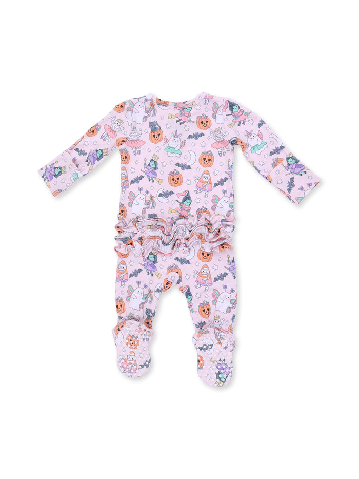Pink Halloween-themed baby pajamas with colorful prints of ghosts, pumpkins, and witches.
