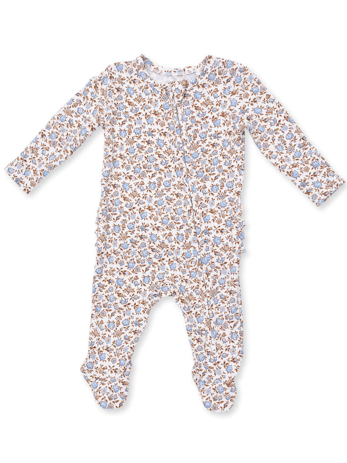 Floral-patterned infant onesie in light colors with long sleeves and footed design. Ideal for comfort and warmth.